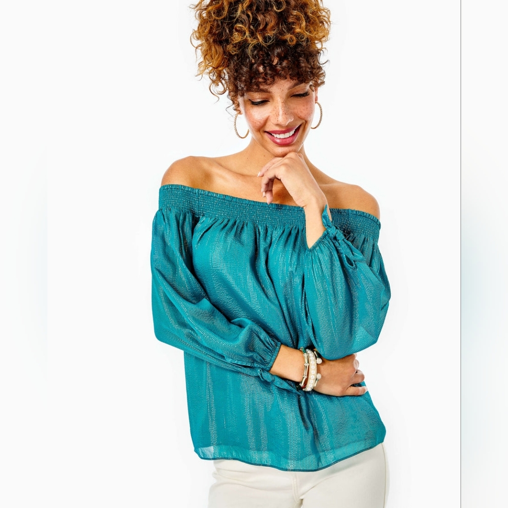 Lilly Pulitzer Maryellen Top in Valencia Teal Off-Shoulder Teal Gold Top S